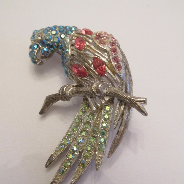 Stunning Signed Thelma Deutsch Big Chunky Colorful Rhinestone Parrot Brooch