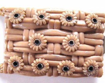 Greenbaum‎ Vintage Celluloid Belt Buckle Open Work With Floral Design Vtg Greenbaum Floral Design Ivory Celluloid Belt Buckle with  main image 3