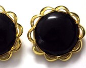 Gorgeous Vintage Signed Crown Trifari Massive Black Glass Flower Earrings