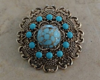 Gorgeous Emmons Signed Gold Tone with Blue Stones Brooch