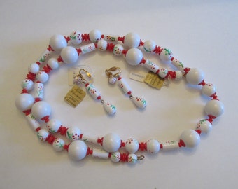 Alice Caviness Amazing White & Red Flowers Beaded Necklace and Earring Set - Brand New With Tags