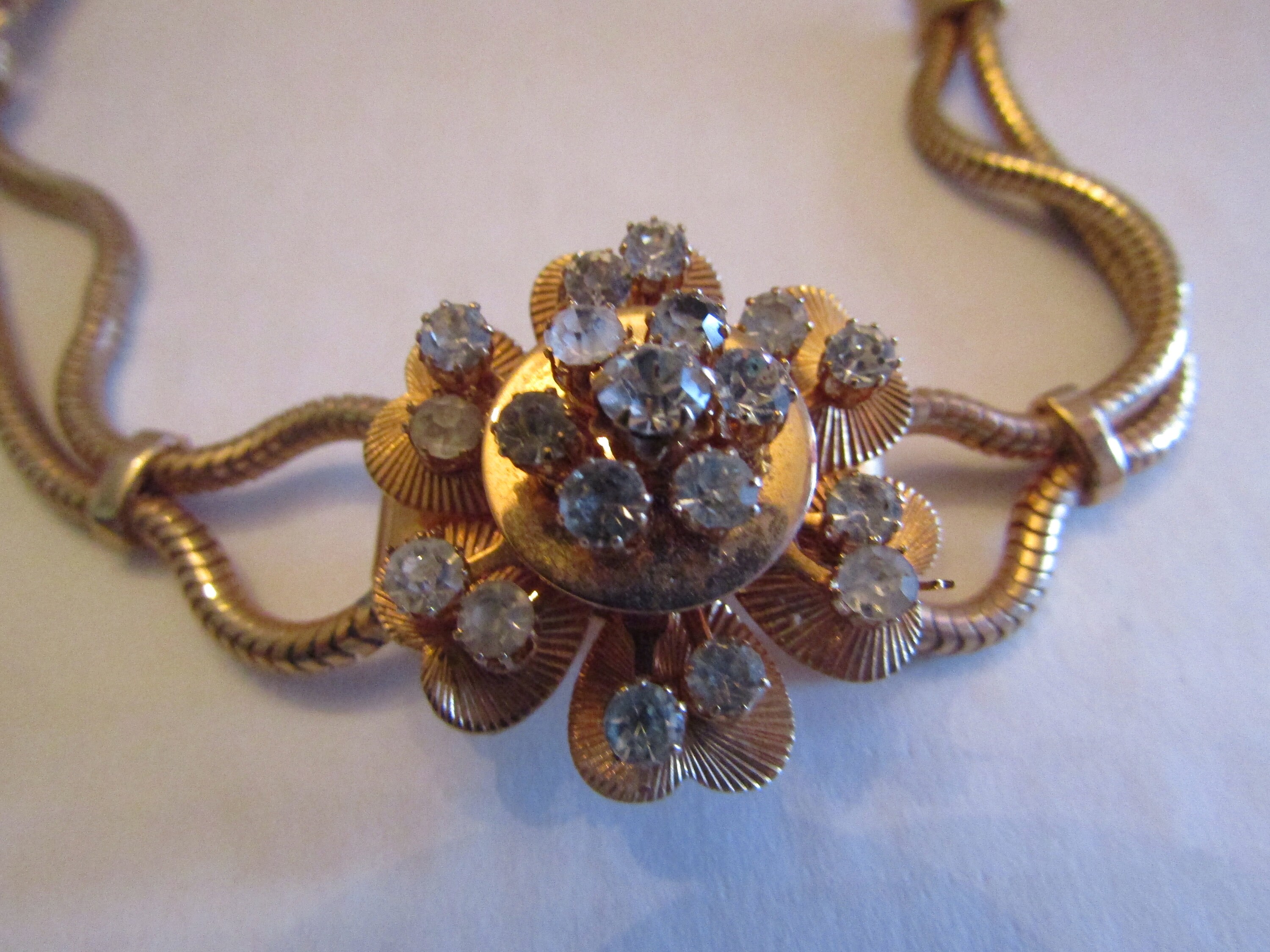Gorgeous Signed Coro 1950's Rhinestone Flower Bracelet With
