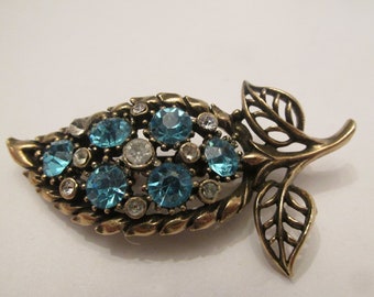 Stunning Coro Signed Blue and White Rhinestone Bronzed metal Brooch