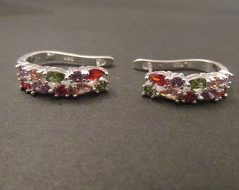 Stunning 925 Signed Vintage Rainbow Rhinestone Hoop Pierced Earrings