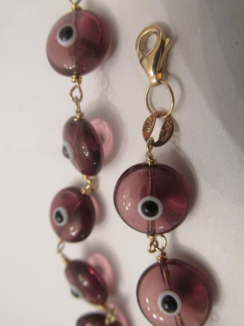 Vintage 14K Solid Gold Purple Glass Evil Eye 7 Bracelet