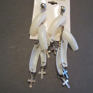 Vintage funky fake fingernail and cross long dangle earrings