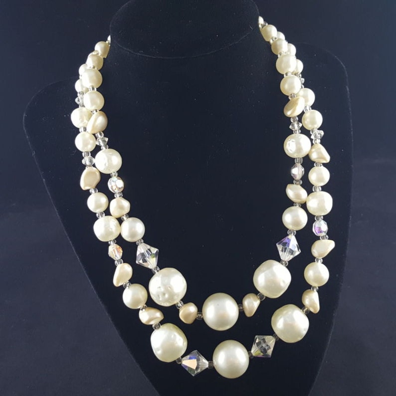 Vintage 16 Double Strand Necklace Faux Pearl Graduated Bead & Crystal ...