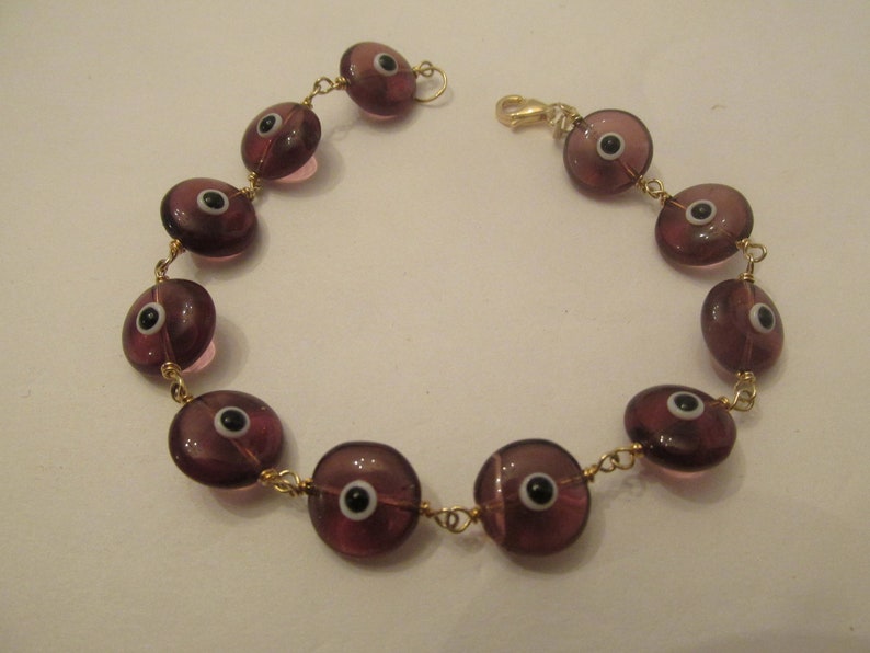 Vintage 14K Solid Gold Purple Glass Evil Eye 7 Bracelet