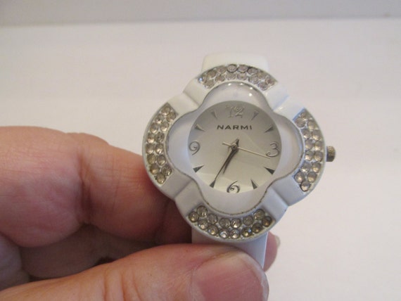 Stunning Vintage Narmi White Watch With Rhinestones Hinged Clamp