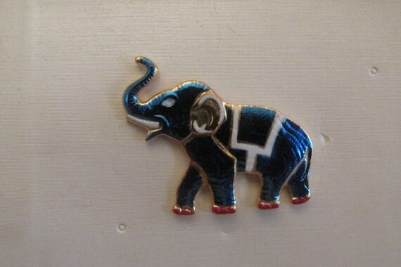 Lovely Vintage WARNER Joseph Warner Jewelry NY Gold Tone Enameling Brown White Green Blue Enamel Good Luck Lucky Elephant Animal Brooch Pin