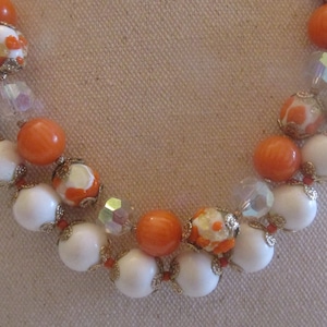 Gorgeous Vintage 1950&#39;s Two strand crystal and Venetian Orange & White Beads Haskell Style Necklace