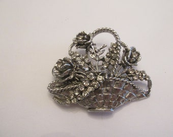 Stunning Signed Thelma Deutsch Big Chunky Silver Tone & Rhinestone Flower Basket Brooch