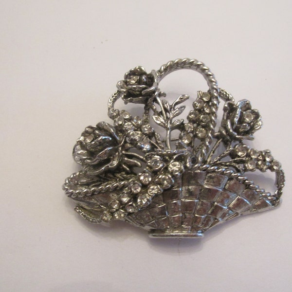 Stunning Signed Thelma Deutsch Big Chunky Silver Tone & Rhinestone Flower Basket Brooch