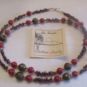 Vintage Designer Lee Sands Genuine Garnet and Filigree Long Bead Necklace NIB