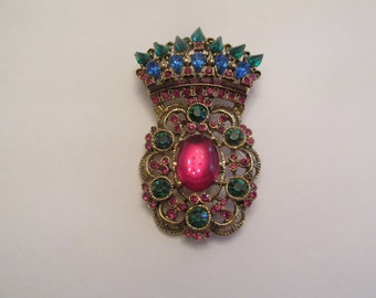 Stunning Signed Thelma Deutsch Big Chunky Colorful Rhinestone Brooch