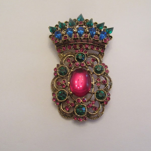 Stunning Signed Thelma Deutsch Big Chunky Colorful Rhinestone Brooch