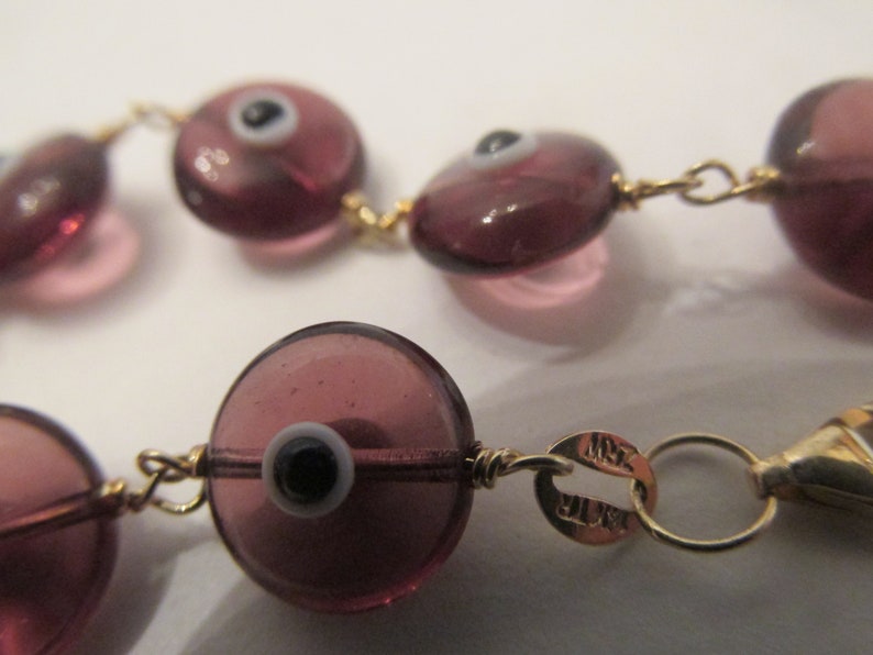 Vintage 14K Solid Gold Purple Glass Evil Eye 7 Bracelet