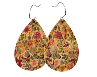 Pendientes florales de jardín campestre, corcho con cuero genuino, forma de lágrima, tres tamaños