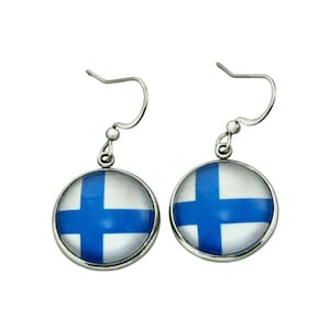 May include: A pair of silver dangle earrings with a round blue and white Finnish flag design.