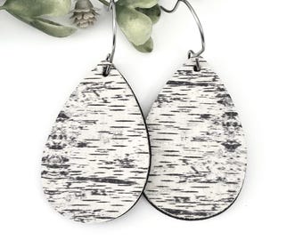 Pendientes de abedul, corcho con cuero genuino, forma de lágrima, tres tamaños