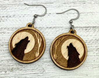 Pendientes de madera Lobo Solitario