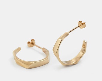 14K Solid Gold Earrings, 585 Solid Gold Hoops, Gold Geometric Hoops, Medium Size Hoops, Creole Modern Earrings, Thick Gold Hoops, Minimalist