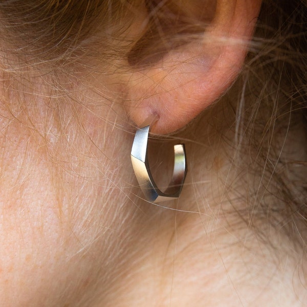 Geometric Sterling Silver Hoops, Unique Hoop Earrings, Handmade Stud Earrings, Thick Hoop Earrings, Contemporary Jewelry, Small Earrings