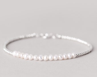 White Pearl Silver Bracelet, Genuine Pearl Jewelry, Bracelet For Woman, Pearl Beaded Bracelets, June Birthstone Bracelet, Delicate Bracelet