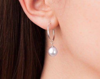 Dainty Pearl Hoop Earrings, Sterling Silver Hoops, Grey Pearl Earrings, Pearl Drop Earrings, Bridal Earrings Hoops, Large Pearls Earrings