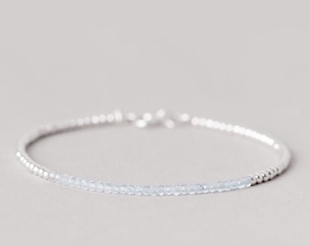 Genuine Aquamarine Bracelet, Sterling Silver Bracelet, March Birthstone Jewelry, Bead Bracelets For Women, Dainty Delicate Bracelet, Simple