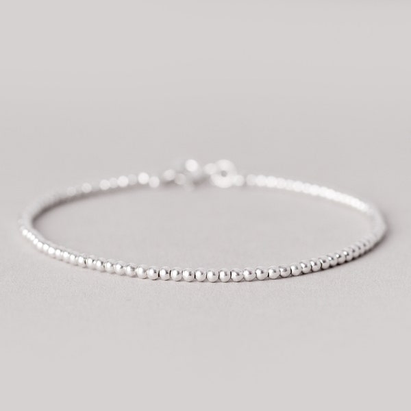 Bracelet en argent sterling 925, bracelet boule ronde perle, bracelet délicat maigre, bracelet perlé de 2 mm, bracelet pile, bracelet femme simple