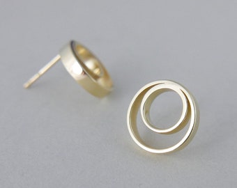 14K Solid Gold Earrings, Small Round Gold Earrings, 585 Gold Studs, Minimalist Solid Gold Earrings, Open Circle Earrings, Double Circle Post