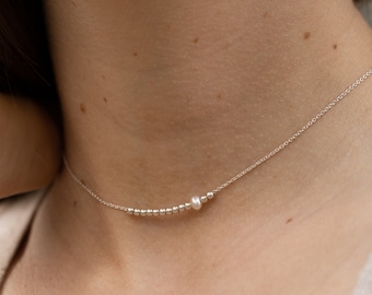 Dainty Chain Choker Necklace, Sterling Silver Choker, Pearl Necklace, Beads Silver Choker, Tiny Minimalist Necklace, Delicate Necklace, 925