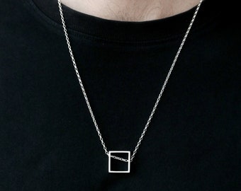 Mens Necklace Pendant, Mens Silver Necklace, Square Necklace Men, Geometric Necklace Men, Mens Hipster Necklace, Square Pendant Necklace