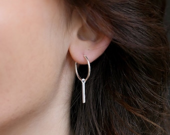 Bar Hoop Earrings, Medium Sterling Silver Hoops, Small Creole Earrings, Hoop Earrings With Charm, Dangle Bar Earrings, Drop Bar Earring, 925