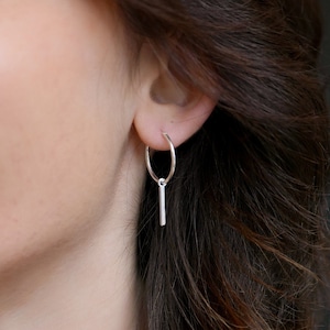 Bar Hoop Earrings, Medium Sterling Silver Hoops, Small Creole Earrings, Hoop Earrings With Charm, Dangle Bar Earrings, Drop Bar Earring, 925