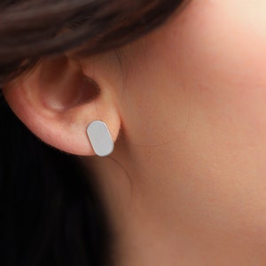 Minimalist Sterling Silver Earrings, Flat Silver Studs, Matte Silver Studs, Oval Stud Earrings, Small Oval Studs, Geometric Earrings Studs image 2