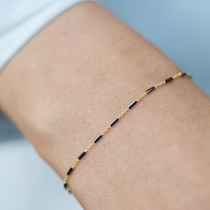 14K Real Gold Bracelet, Minimalist Gold Bracelet, Thin Chain Bracelet, Black And Gold Bracelet, Layering Stack Bracelet, Chain Bead Bracelet