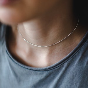 Short Silver Necklace, Sterling Silver Choker, Dainty Choker, Beaded Silver Choker Necklace, Ball Chain Necklace, Shiny Chain Necklace, 925 image 1