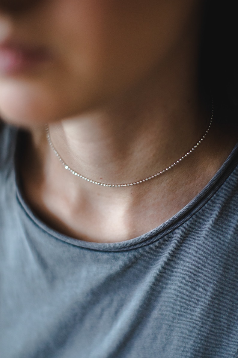 Short Silver Necklace, Sterling Silver Choker, Dainty Choker, Beaded Silver Choker Necklace, Ball Chain Necklace, Shiny Chain Necklace, 925 image 1