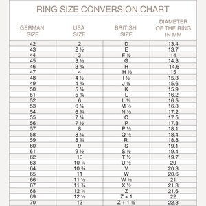 May include: Ring size conversion chart showing German, USA, and British ring sizes, with ring diameter in mm. Sizes range from USA size D to Z+1 1/2, with corresponding German and British sizes.