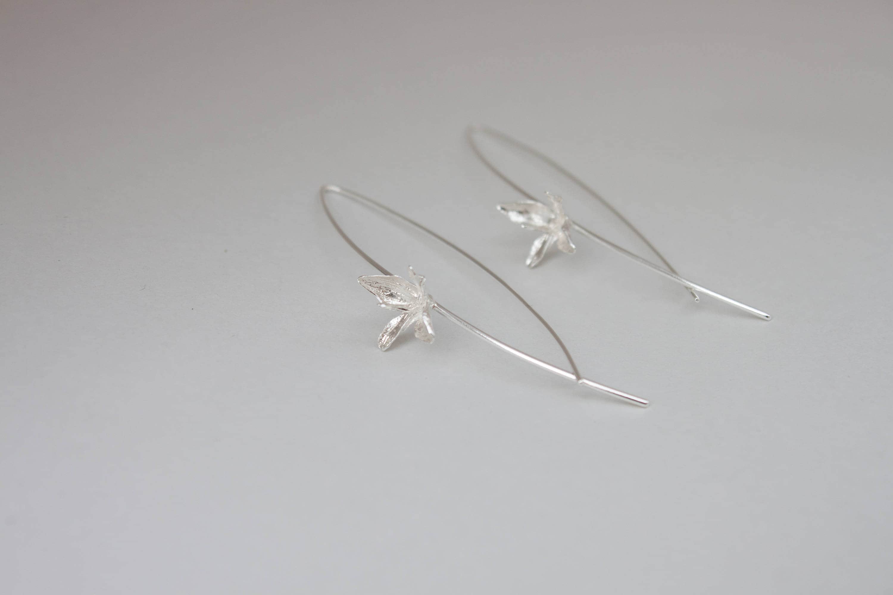 Silver Flower Earrings Dangle Flower Earrings Long Wire | Etsy