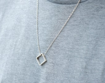 Square Silver Necklace, Square Pendant Necklace, Minimalist Necklace Man, Long Geometric Necklace, Mens Square Necklace, Hipster Man Jewelry
