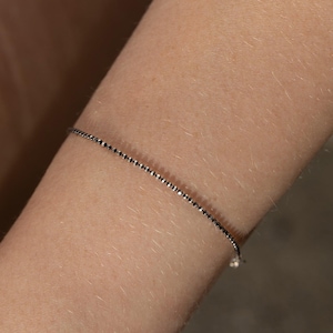 Whisper Black Bracelet, Black Diamond Cut Bead Chain, Dainty Oxidized Look, Sterling Silver 925