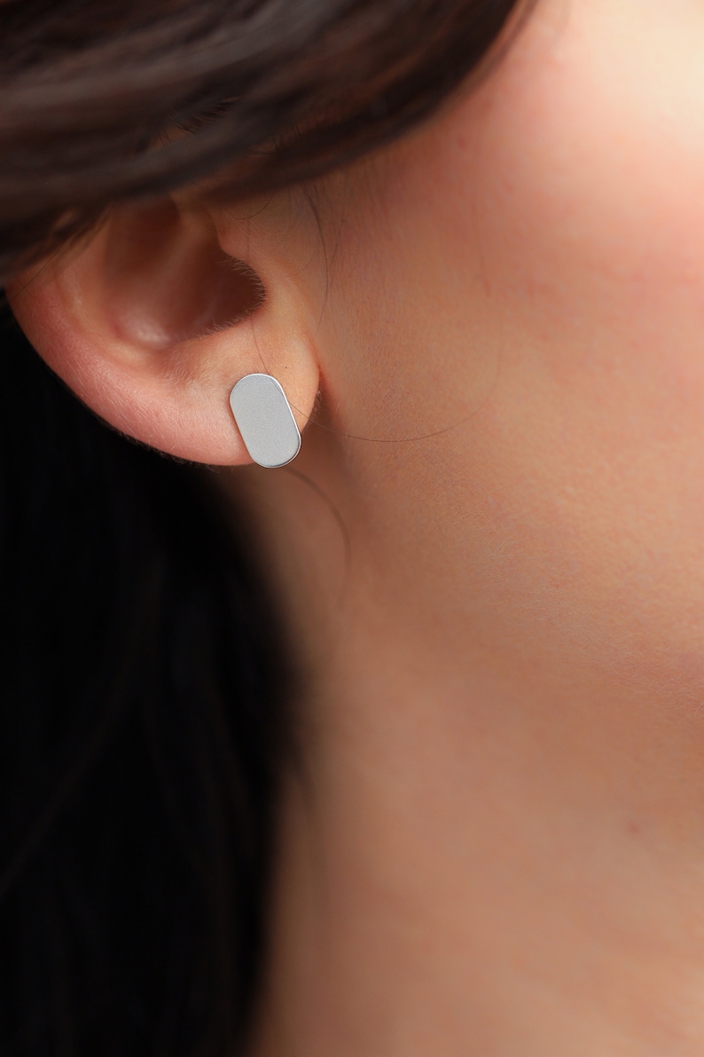 Minimalist Sterling Silver Earrings, Flat Silver Studs, Matte Silver Studs, Oval Stud Earrings, Small Oval Studs, Geometric Earrings Studs image 2