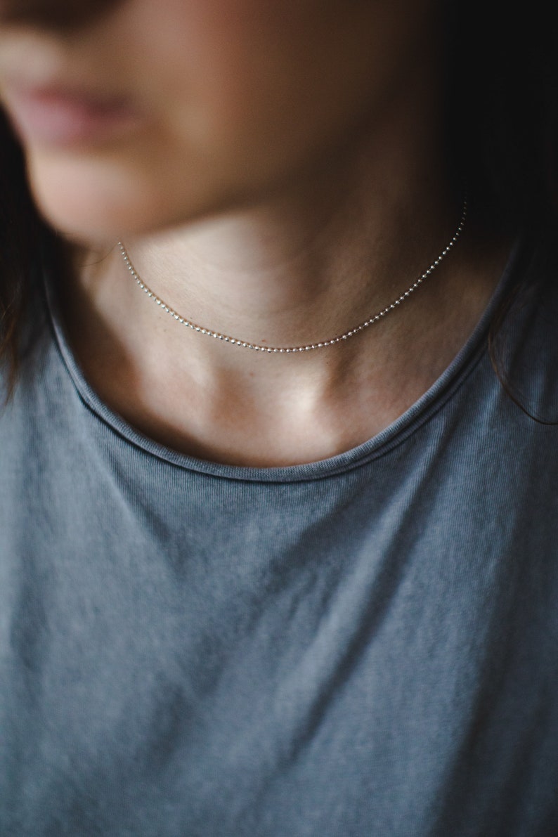 Short Silver Necklace, Sterling Silver Choker, Dainty Choker, Beaded Silver Choker Necklace, Ball Chain Necklace, Shiny Chain Necklace, 925 image 2