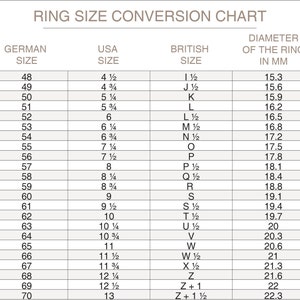 May include: Ring size conversion chart showing German, USA, and British ring sizes with corresponding ring diameter in millimeters.