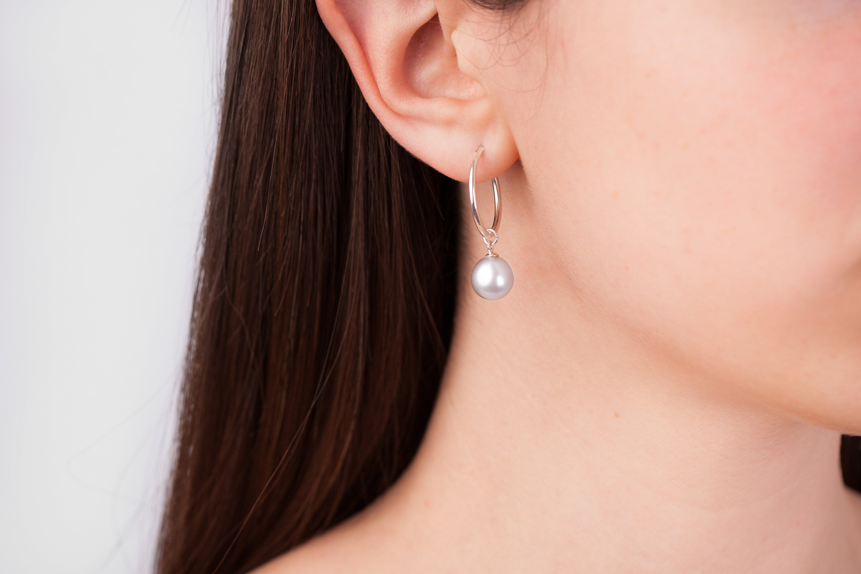 Dainty Pearl Hoop Earrings, Sterling Silver Hoops, Grey