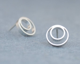 Circle Earrings Sterling Silver, Geometric Round Earrings, Minimalist Small Earrings, Round Earrings Studs, Double Circle earrings, 925 Stud