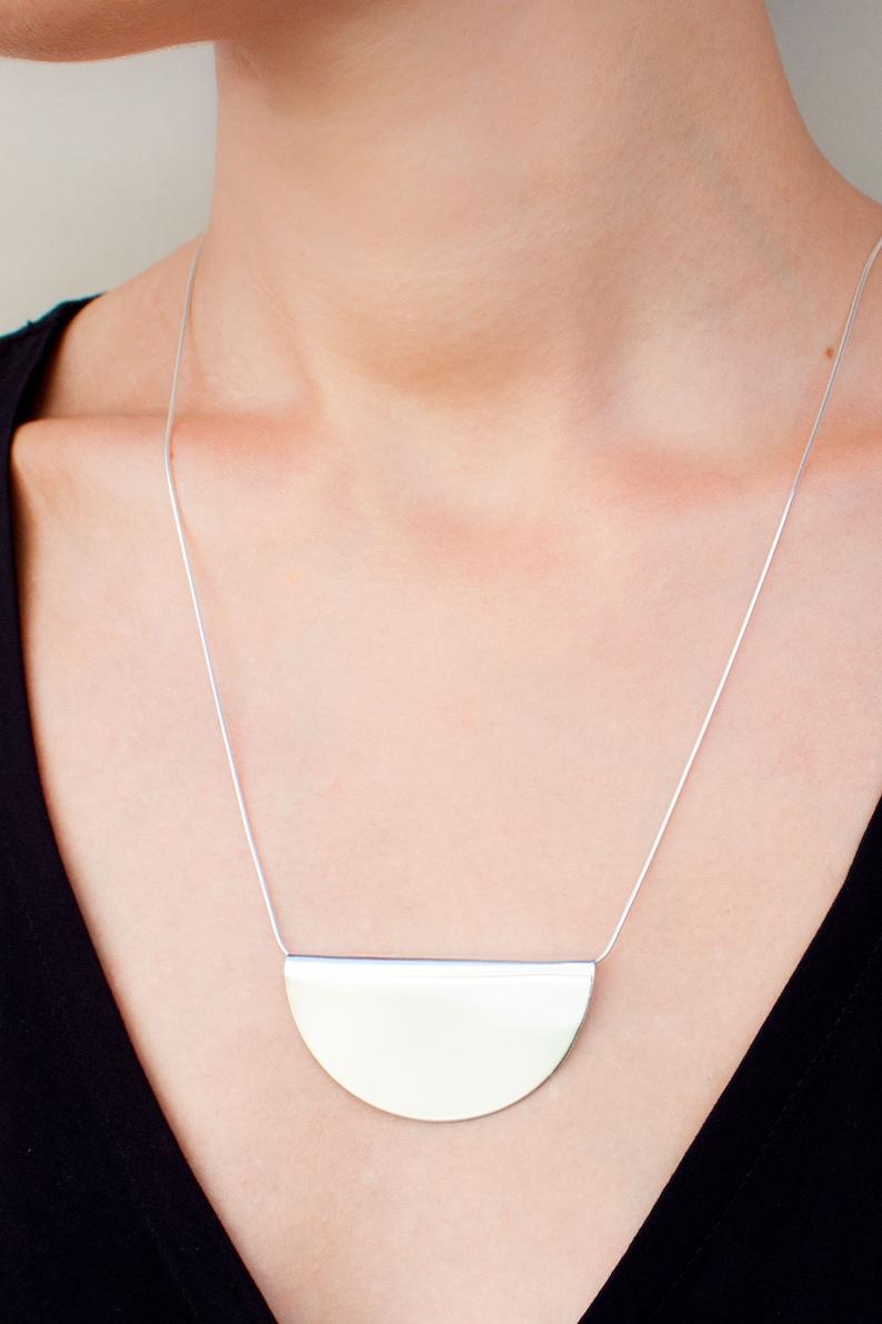 Half Circle Necklace, Sterling Silver Statement Necklace, Semi Circle Necklace, Large Geometric Necklace, Half Moon Necklace, Big Necklace image 2